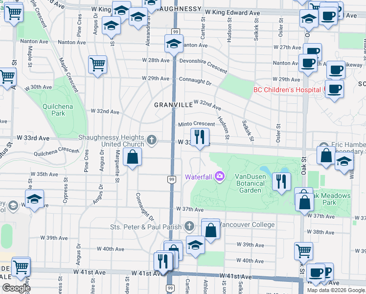 map of restaurants, bars, coffee shops, grocery stores, and more near 1476 West 33rd Avenue in Vancouver