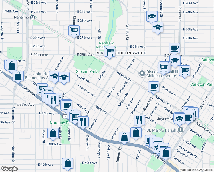 map of restaurants, bars, coffee shops, grocery stores, and more near 4754 Earles Street in Vancouver