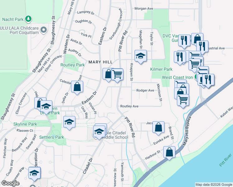 map of restaurants, bars, coffee shops, grocery stores, and more near 1470 Pitt River Road in Port Coquitlam