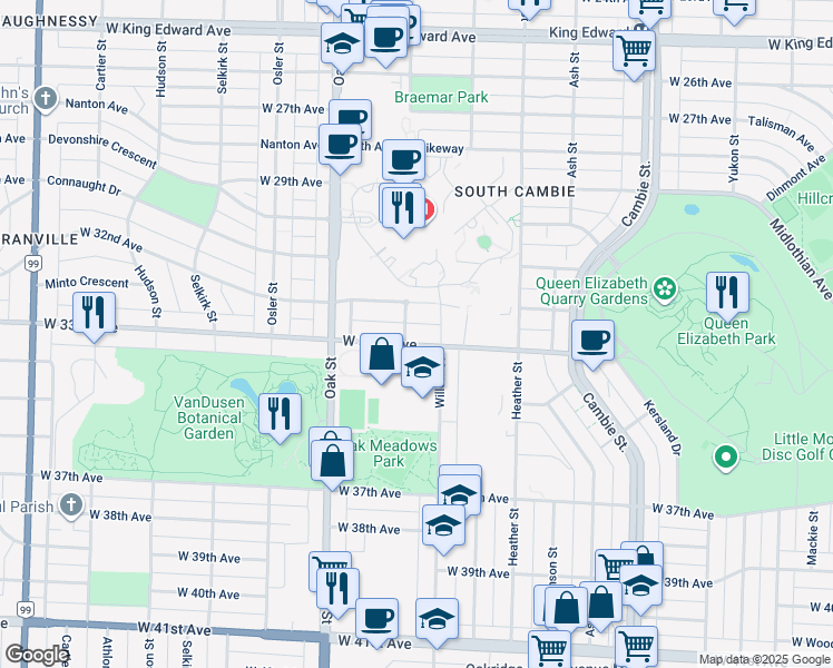 map of restaurants, bars, coffee shops, grocery stores, and more near 871 West 33rd Avenue in Vancouver