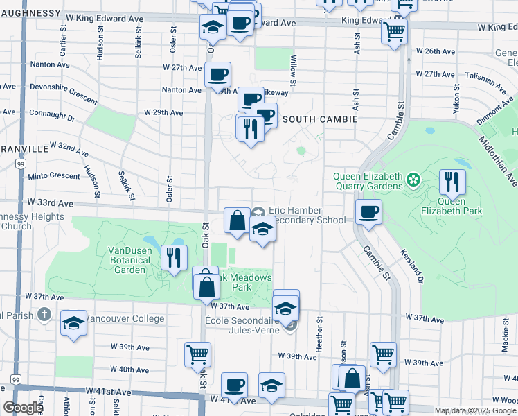 map of restaurants, bars, coffee shops, grocery stores, and more near 873 West 33rd Avenue in Vancouver