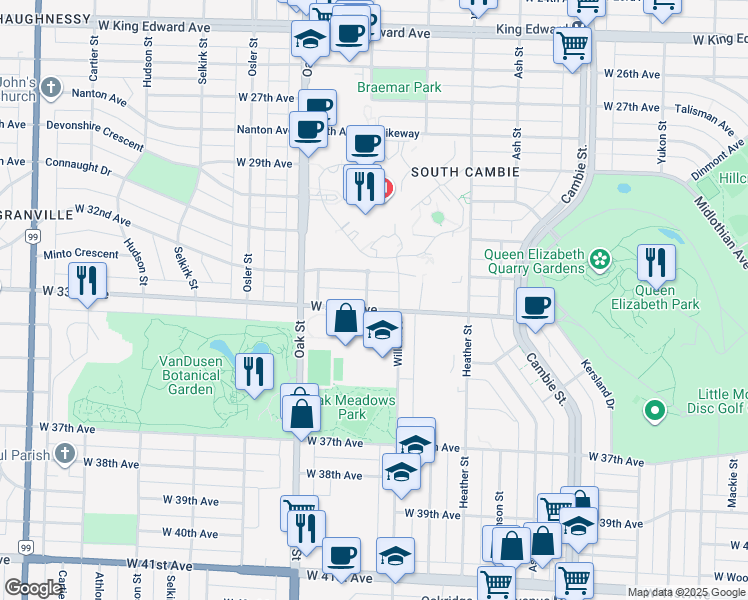 map of restaurants, bars, coffee shops, grocery stores, and more near 885 West 33rd Avenue in Vancouver