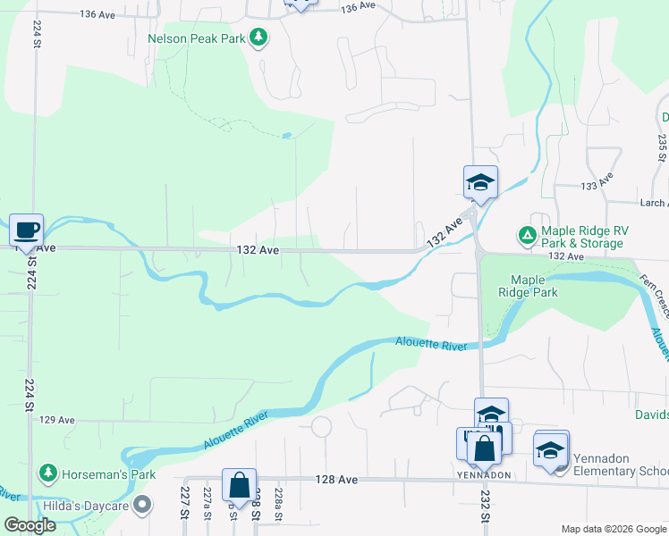 map of restaurants, bars, coffee shops, grocery stores, and more near 22973 132 Avenue in Maple Ridge