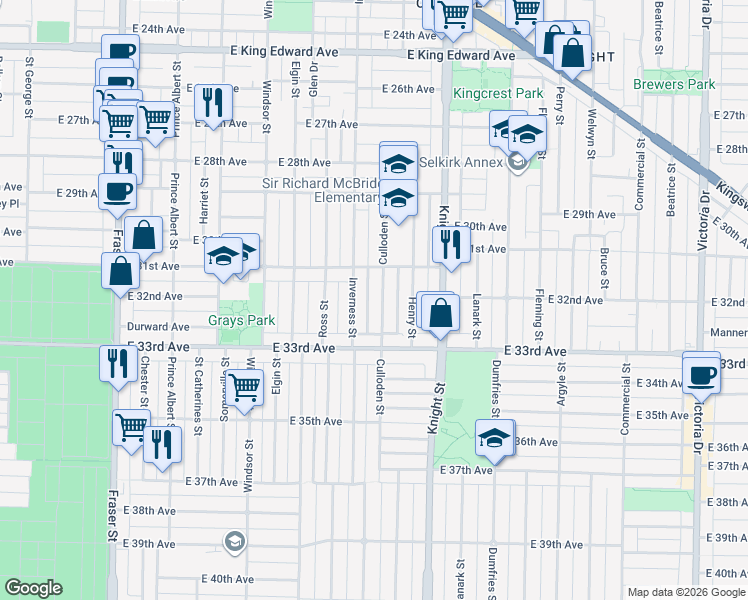 map of restaurants, bars, coffee shops, grocery stores, and more near 4791 Culloden Street in Vancouver