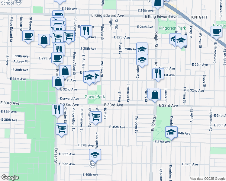 map of restaurants, bars, coffee shops, grocery stores, and more near 4804 Elgin Street in Vancouver