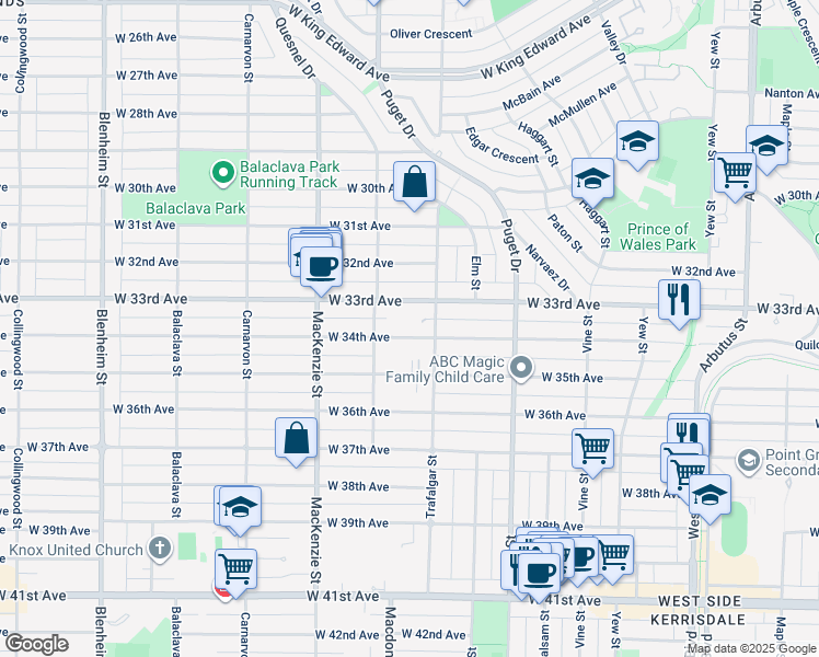 map of restaurants, bars, coffee shops, grocery stores, and more near 2745 West 34th Avenue in Vancouver