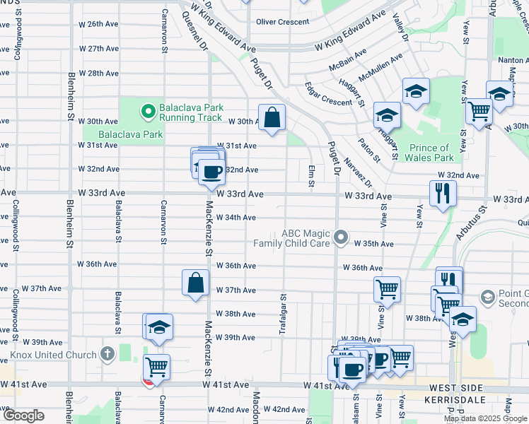map of restaurants, bars, coffee shops, grocery stores, and more near 2759 West 34th Avenue in Vancouver