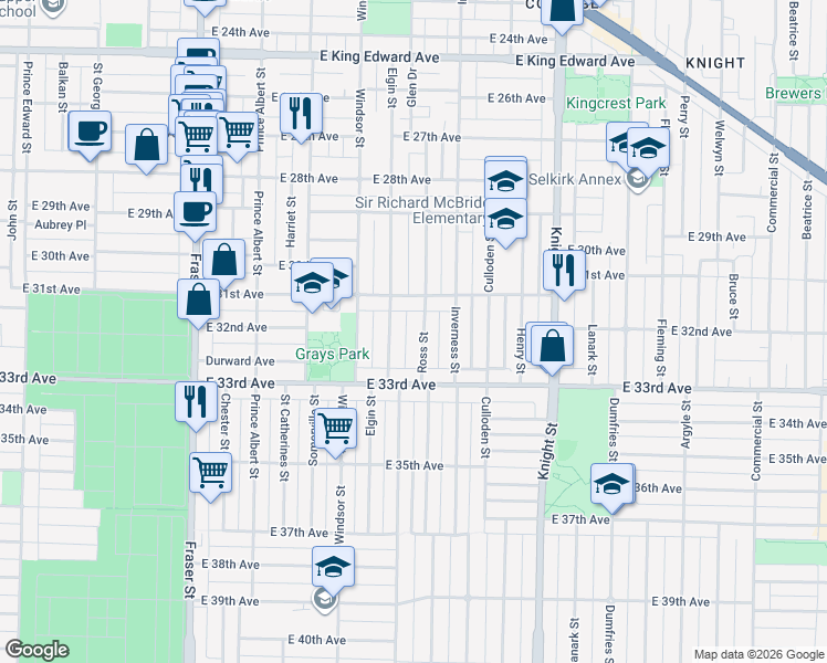 map of restaurants, bars, coffee shops, grocery stores, and more near 4805 Ross Street in Vancouver