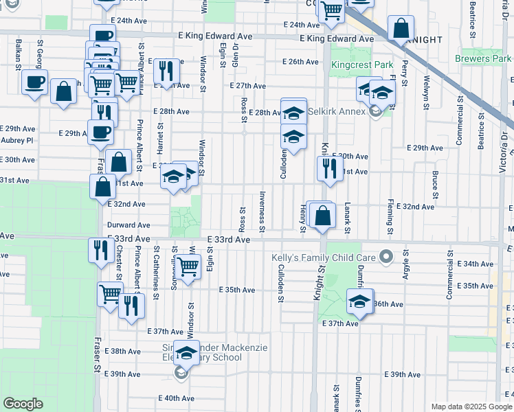 map of restaurants, bars, coffee shops, grocery stores, and more near 4805 Inverness Street in Vancouver