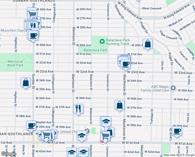 map of restaurants, bars, coffee shops, grocery stores, and more near 3125 West 34th Avenue in Vancouver