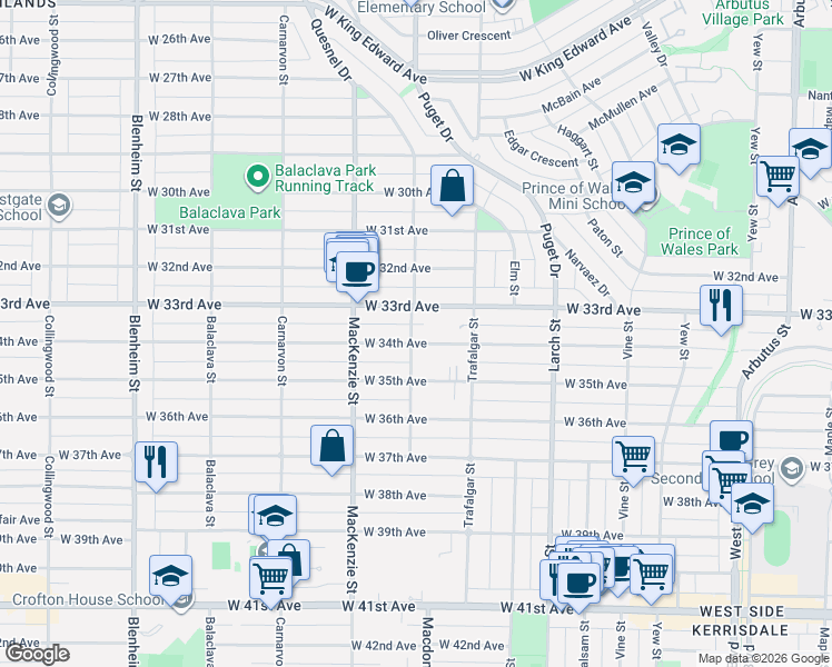 map of restaurants, bars, coffee shops, grocery stores, and more near 498 Macdonald Street in Vancouver
