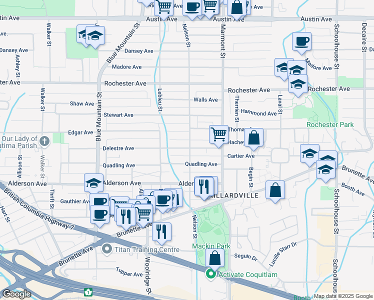 map of restaurants, bars, coffee shops, grocery stores, and more near 1028 Delestre Avenue in Coquitlam