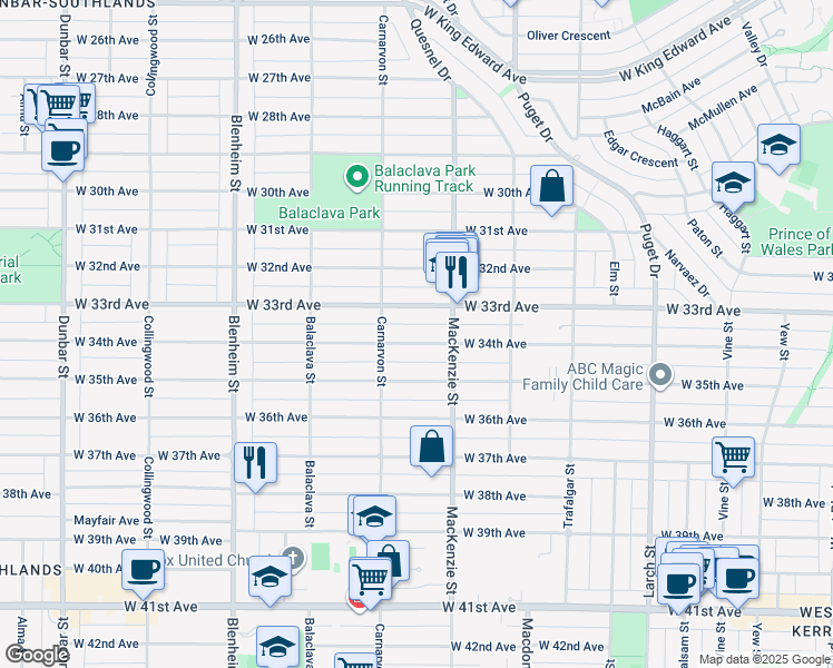 map of restaurants, bars, coffee shops, grocery stores, and more near 2953 West 34th Avenue in Vancouver