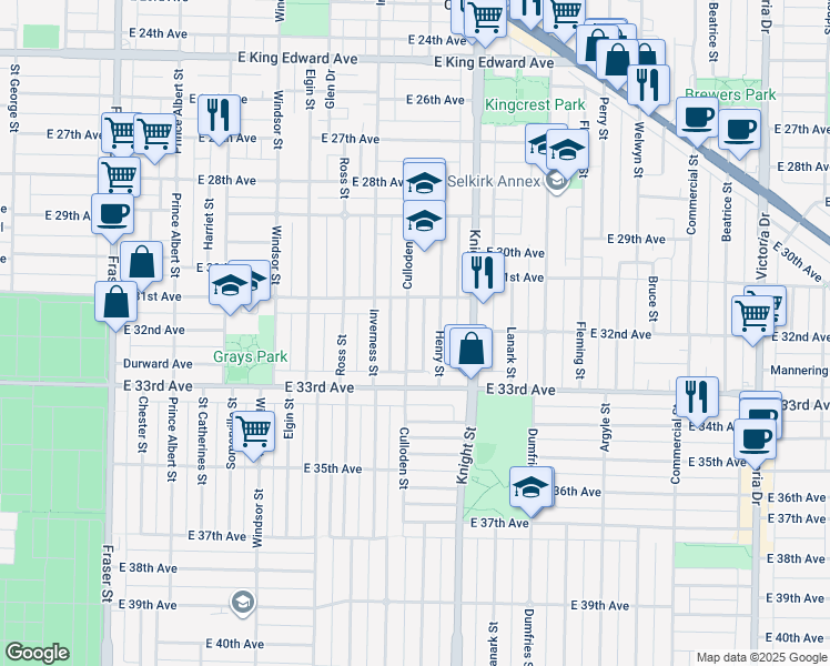 map of restaurants, bars, coffee shops, grocery stores, and more near 4804 Culloden Street in Vancouver