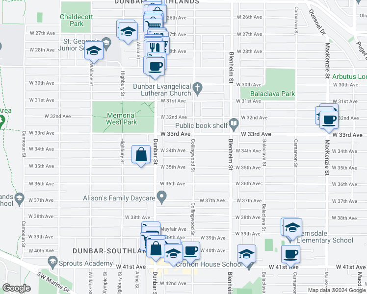 map of restaurants, bars, coffee shops, grocery stores, and more near 3523 West 34th Avenue in Vancouver