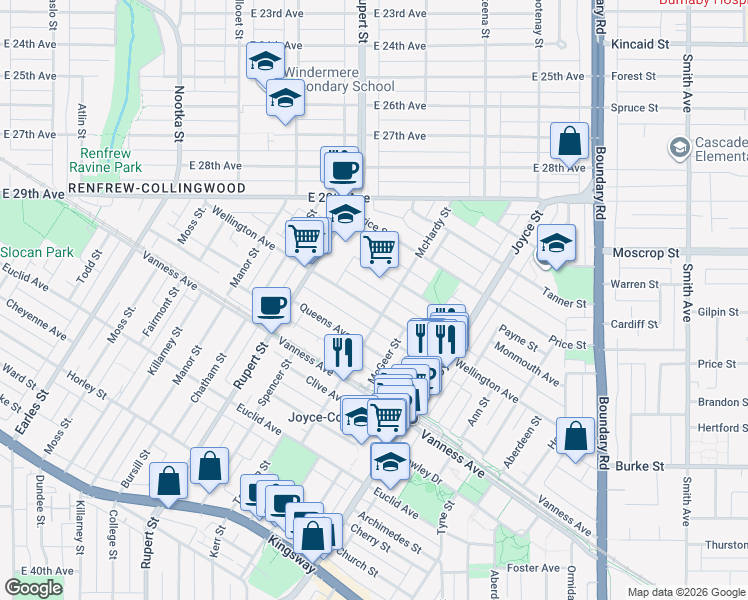 map of restaurants, bars, coffee shops, grocery stores, and more near 3383 Wellington Avenue in Vancouver