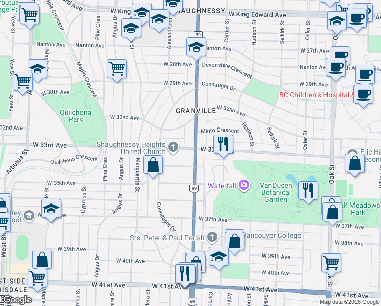 map of restaurants, bars, coffee shops, grocery stores, and more near 1510 West 33rd Avenue in Vancouver