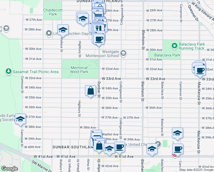 map of restaurants, bars, coffee shops, grocery stores, and more near 3569 West 34th Avenue in Vancouver