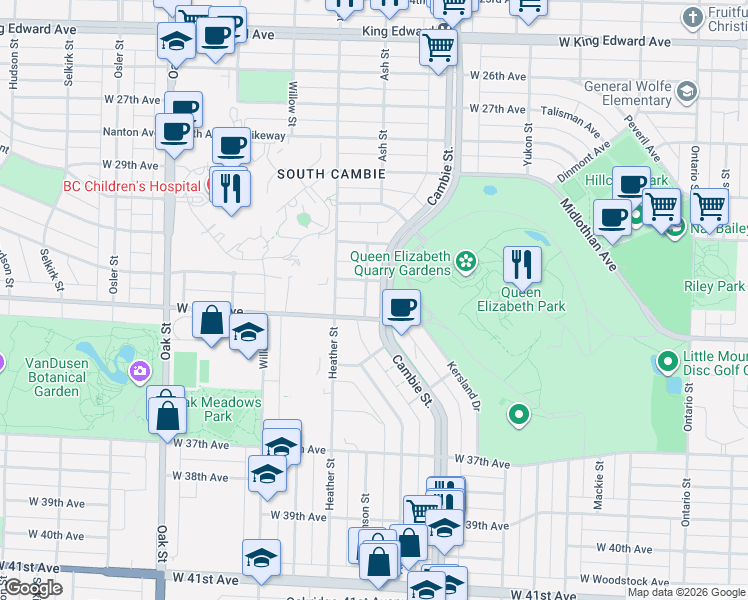 map of restaurants, bars, coffee shops, grocery stores, and more near 4867 Cambie Street in Vancouver