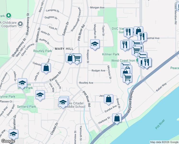 map of restaurants, bars, coffee shops, grocery stores, and more near 1461 Knappen Street in Port Coquitlam