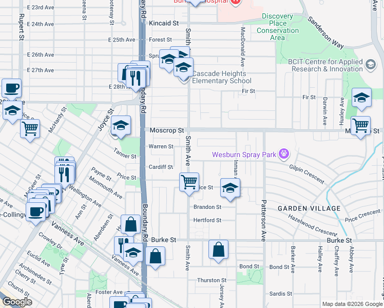 map of restaurants, bars, coffee shops, grocery stores, and more near 4780 Smith Avenue in Burnaby