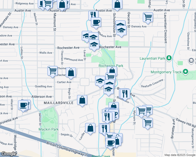 map of restaurants, bars, coffee shops, grocery stores, and more near 312 Casey Street in Coquitlam