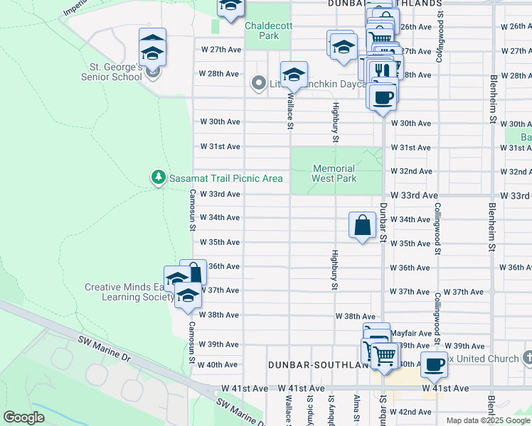 map of restaurants, bars, coffee shops, grocery stores, and more near 3939 West 34th Avenue in Vancouver