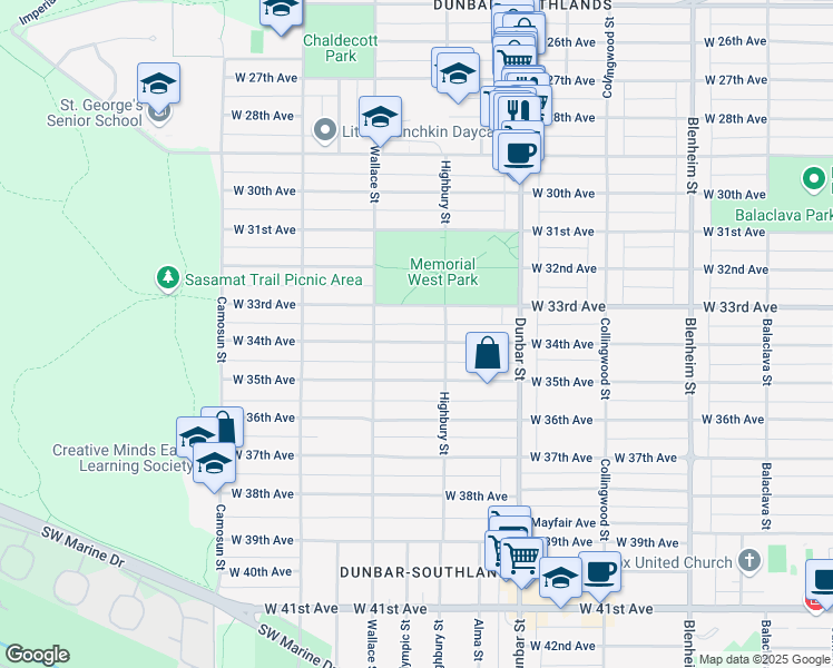map of restaurants, bars, coffee shops, grocery stores, and more near 3837 West 34th Avenue in Vancouver