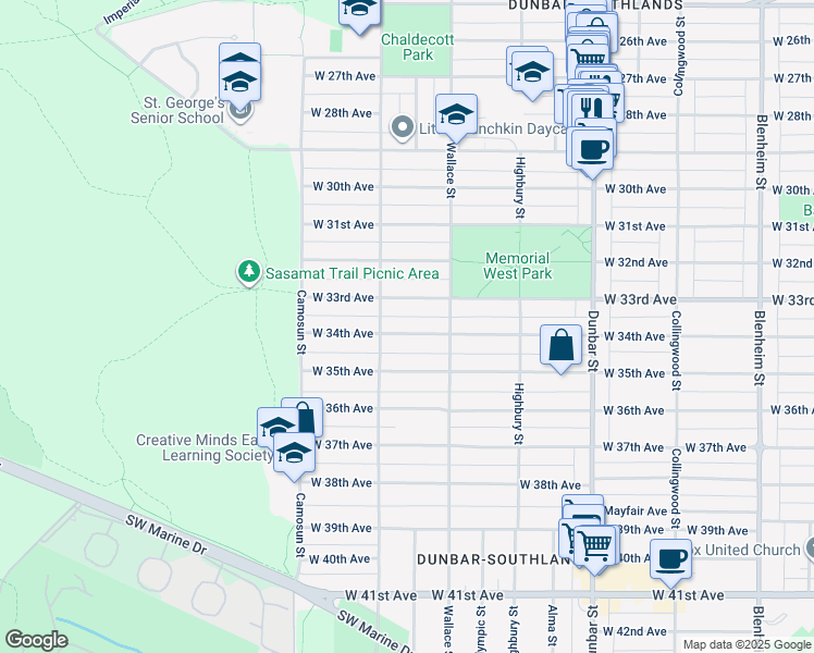 map of restaurants, bars, coffee shops, grocery stores, and more near 3959 West 34th Avenue in Vancouver