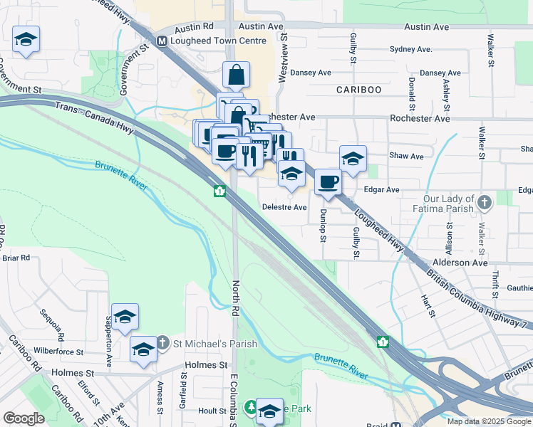 map of restaurants, bars, coffee shops, grocery stores, and more near 526 Delestre Avenue in Coquitlam
