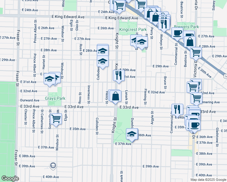 map of restaurants, bars, coffee shops, grocery stores, and more near 4795 Knight Street in Vancouver