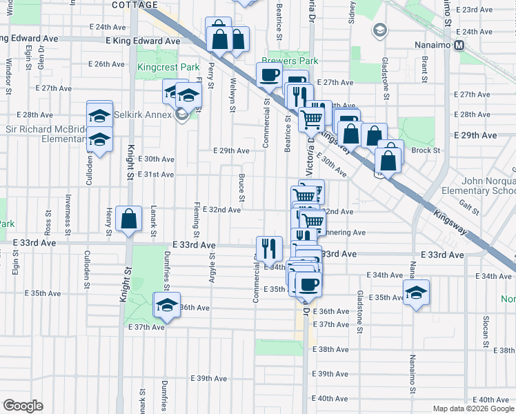 map of restaurants, bars, coffee shops, grocery stores, and more near in Vancouver