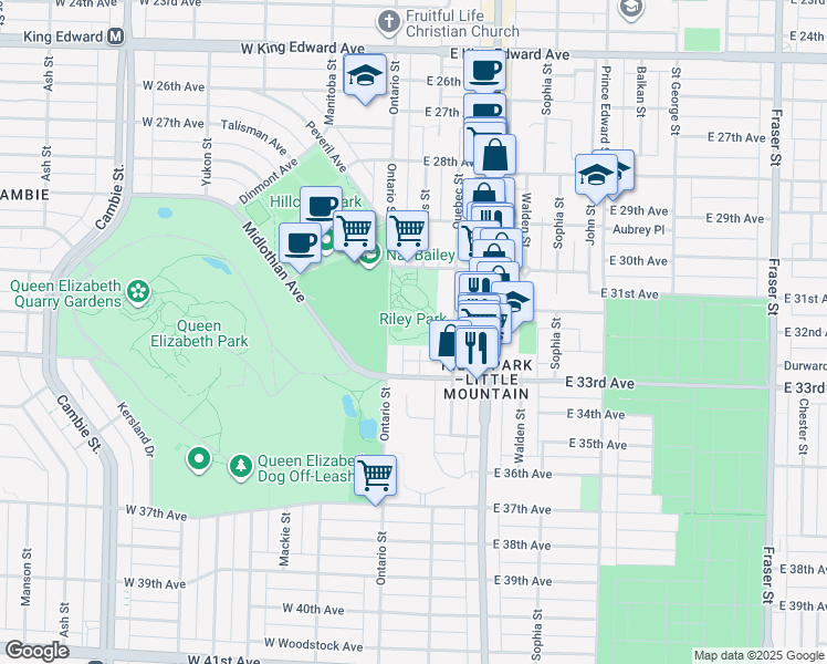 map of restaurants, bars, coffee shops, grocery stores, and more near 4854 Ontario Street in Vancouver