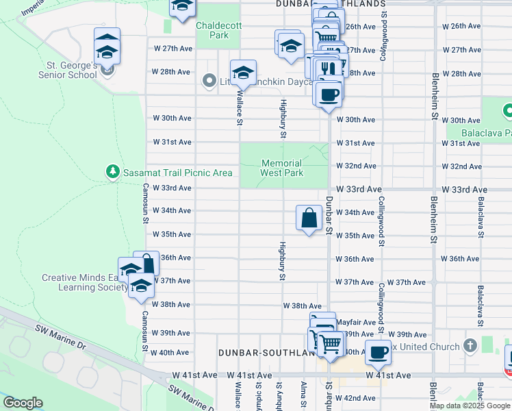 map of restaurants, bars, coffee shops, grocery stores, and more near 3861 West 34th Avenue in Vancouver
