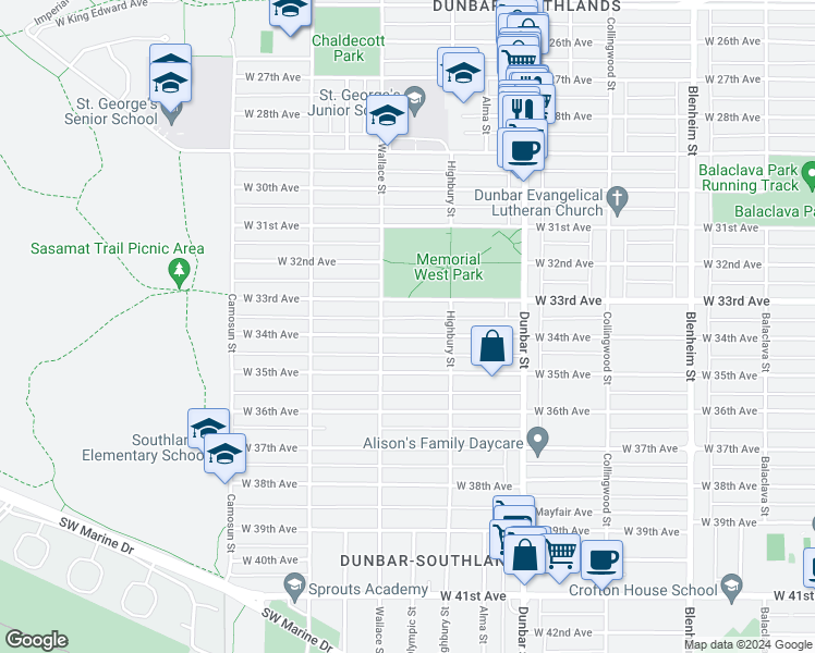 map of restaurants, bars, coffee shops, grocery stores, and more near 3861 West 34th Avenue in Vancouver