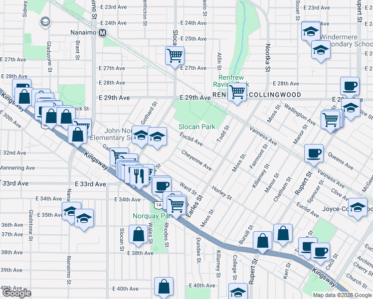 map of restaurants, bars, coffee shops, grocery stores, and more near 2713 Cheyenne Avenue in Vancouver