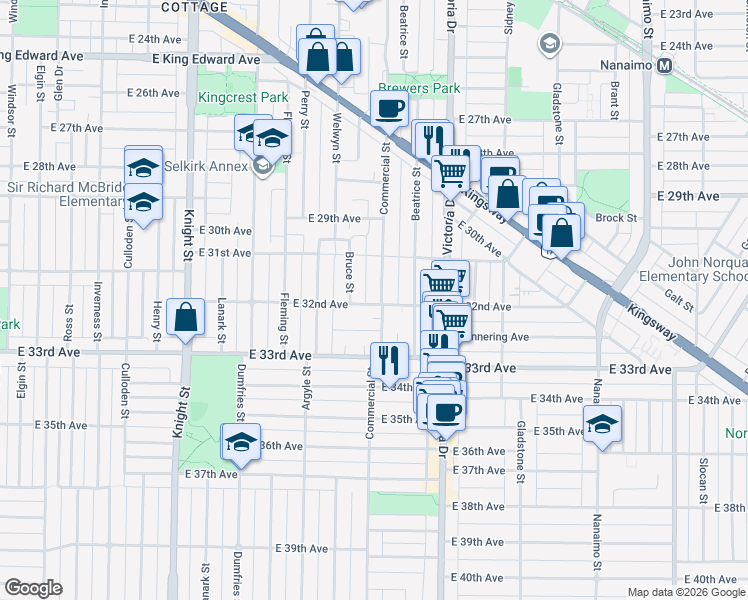 map of restaurants, bars, coffee shops, grocery stores, and more near 4793 Commercial Street in Vancouver
