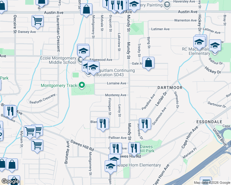 map of restaurants, bars, coffee shops, grocery stores, and more near 2119 Monterey Avenue in Coquitlam