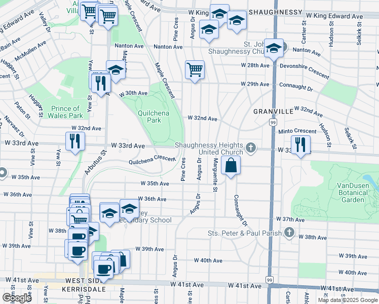 map of restaurants, bars, coffee shops, grocery stores, and more near 1830 West 33rd Avenue in Vancouver