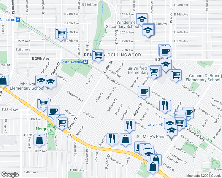 map of restaurants, bars, coffee shops, grocery stores, and more near 4749 Fairmont Street in Vancouver