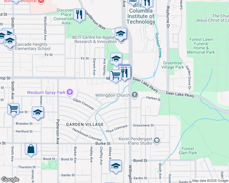 map of restaurants, bars, coffee shops, grocery stores, and more near 4383 Pinewood Crescent in Burnaby