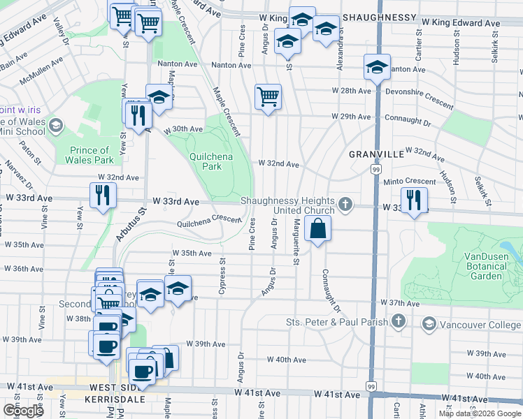 map of restaurants, bars, coffee shops, grocery stores, and more near 1830 West 33rd Avenue in Vancouver