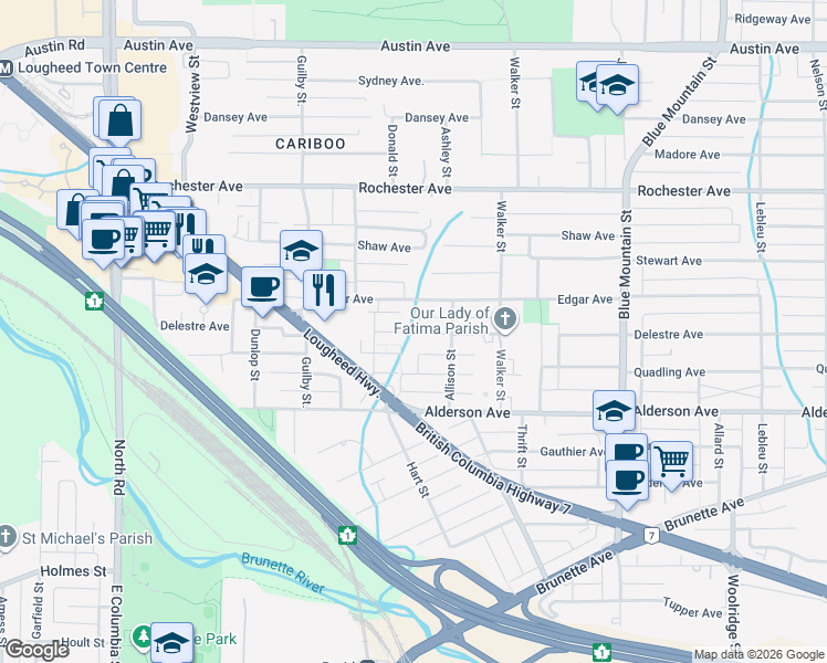 map of restaurants, bars, coffee shops, grocery stores, and more near 701 Delestre Avenue in Coquitlam
