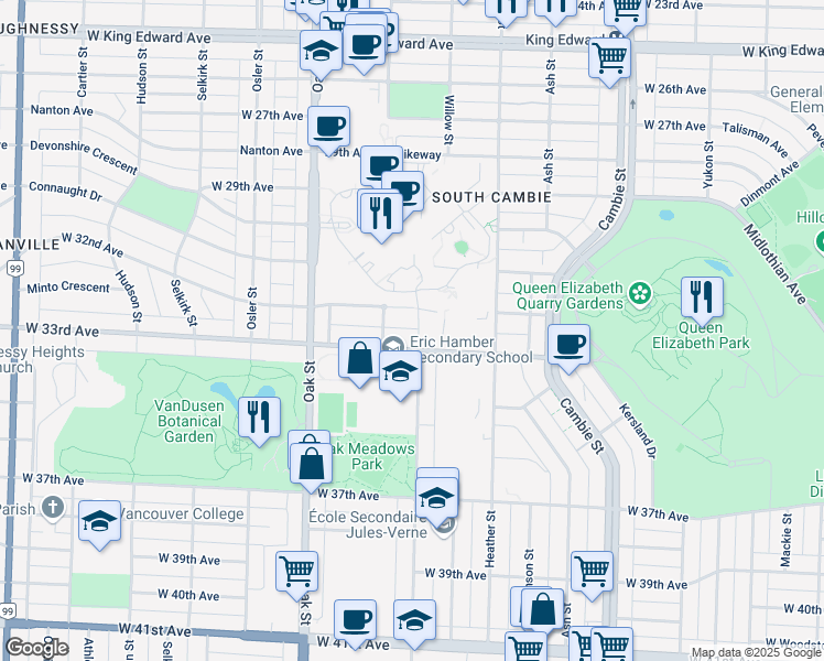 map of restaurants, bars, coffee shops, grocery stores, and more near 4867 Willow Street in Vancouver