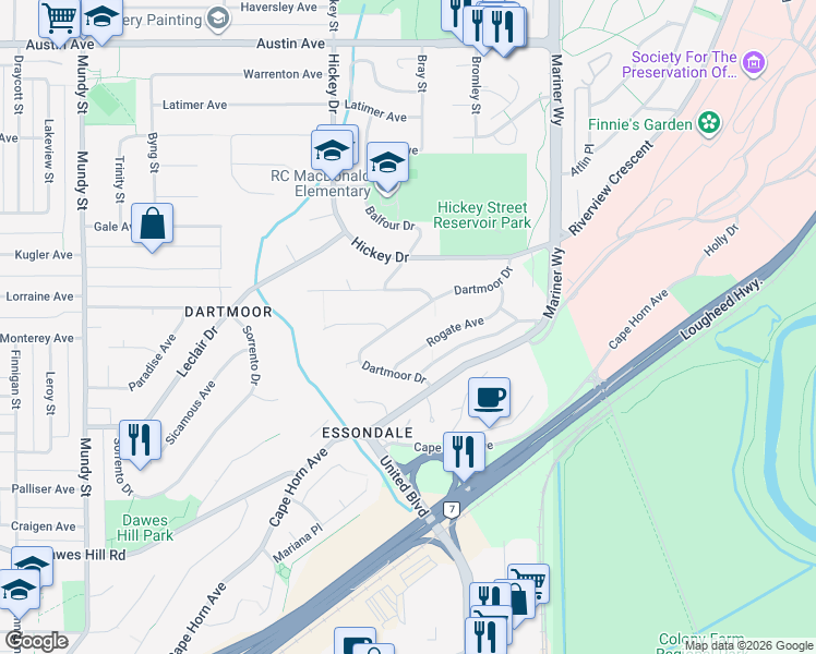 map of restaurants, bars, coffee shops, grocery stores, and more near 363 Dartmoor Drive in Coquitlam