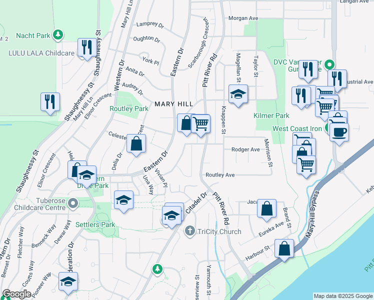 map of restaurants, bars, coffee shops, grocery stores, and more near 1473 Columbia Avenue in Port Coquitlam