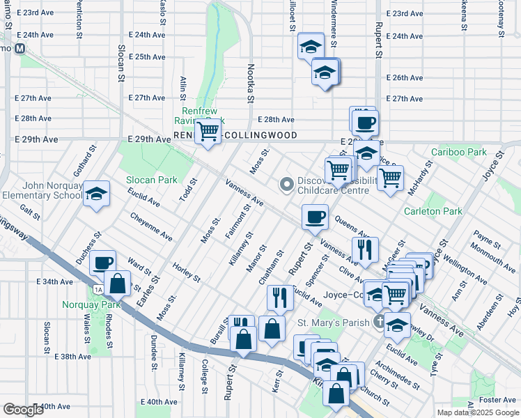 map of restaurants, bars, coffee shops, grocery stores, and more near 3096 Vanness Avenue in Vancouver