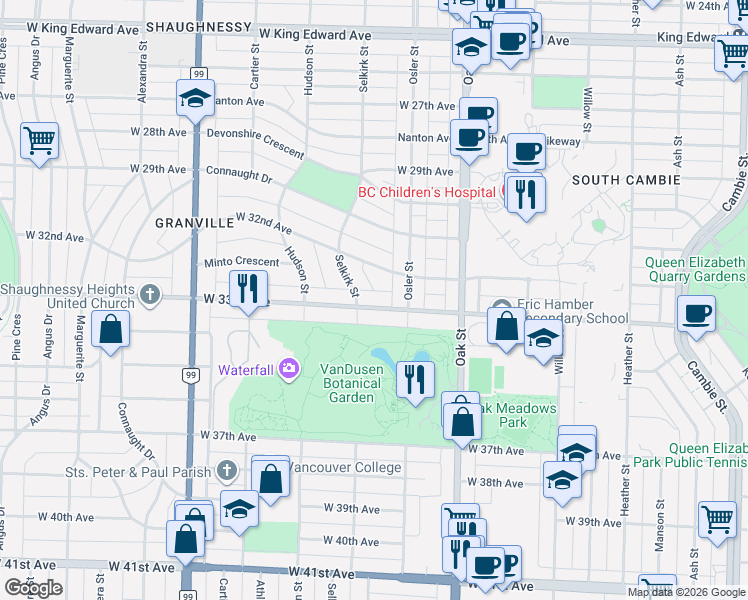 map of restaurants, bars, coffee shops, grocery stores, and more near 1157 West 33rd Avenue in Vancouver