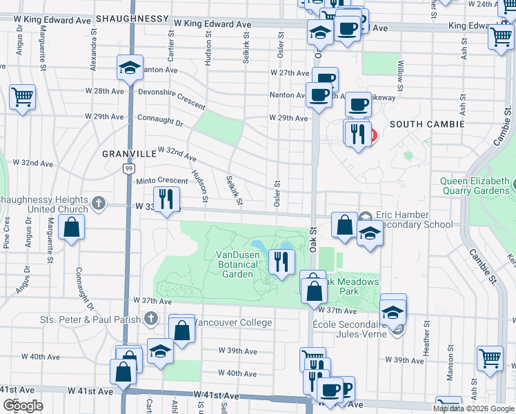 map of restaurants, bars, coffee shops, grocery stores, and more near 1143 West 33rd Avenue in Vancouver