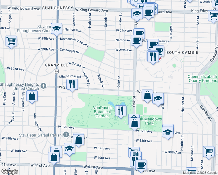 map of restaurants, bars, coffee shops, grocery stores, and more near 1157 West 33rd Avenue in Vancouver